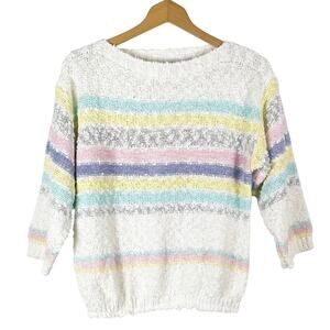 Vintage Women's White Pastel Stripe Cropped Sweater 3/4 Sleeves Size M 80s 90s